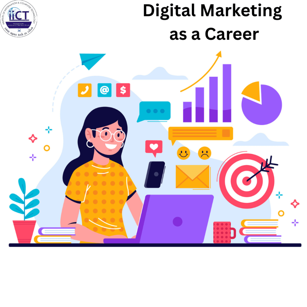 In this image a woman sitting at a desk and working on a laptop. Around her are digital marketing icons including social media symbols, chat messages, email, analytics graphs, a pie chart, a smartphone, and a target with an arrow. Books, a coffee mug, and a plant are placed on the desk. The IICT logo appears in the top-left corner.
