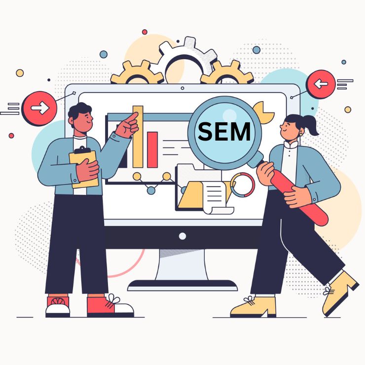 > "Two employees are analyzing digital marketing data on a large monitor and giving information about SEM From Digital Marketing strategy.