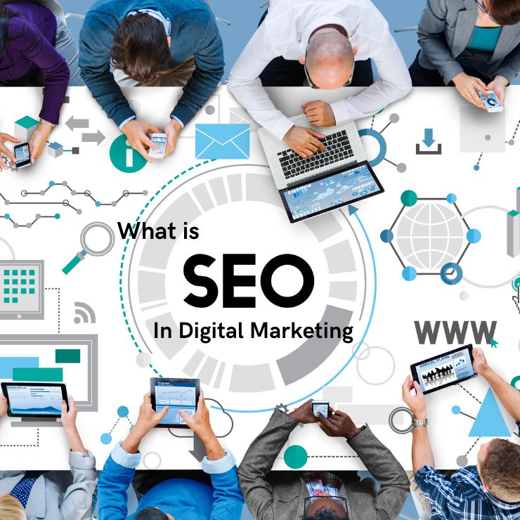 A group of company employees are sitting around a table with a tablet, laptop, and smartphone. This is a top-down (overhead) view of the group. Written in the center of the table is 'What is SMO in Digital marketing.