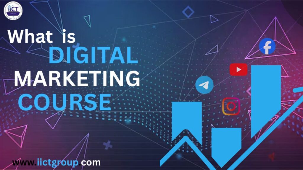 In this image background colour is Blue and it have also write Digital Marketing course in big latter it have Social Media icon and also show the growth chart.