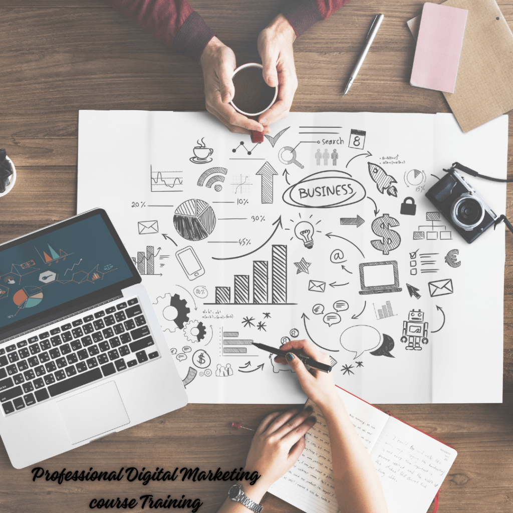 In this image there are one men and one women and Professional Digital Marketing course is written in small word and also one laptop, one camera one pen and etc.